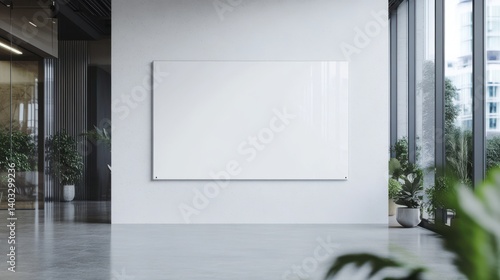 Fototapeta Naklejka Na Ścianę i Meble -  Blank wide white glass office corporate Signage plate Mock Up Template, Clear Printing Board For Branding, Logo. white acrylic advertising signboard proportion 1 : 2 mockup front.