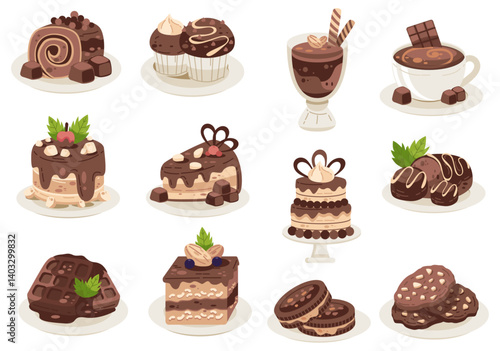 Chocolate Delights Collection: A whimsical and delightful collection of various chocolate desserts and pastries, featuring chocolate cake, cupcake, mousse, brownie, chocolate cookie, and more.