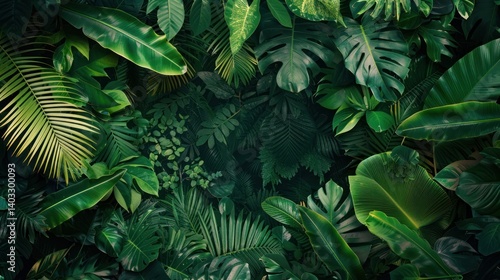 A nature lush green jungle with many different types of plants and trees.