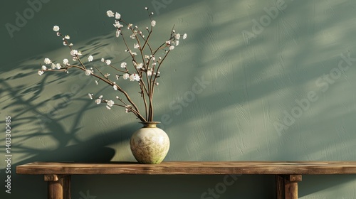 A vase of flowers sits on a wooden bench in front of a green wall.