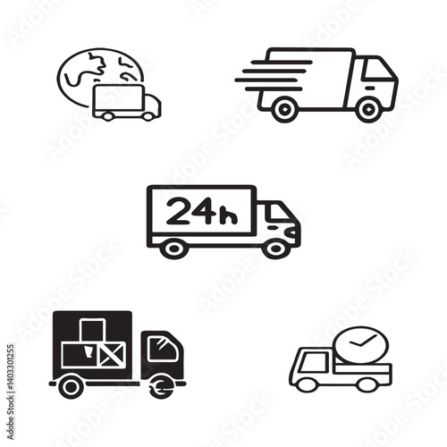 Set of 5 outline logistic and with floral transport, shipment silhouette editable vector isolated 