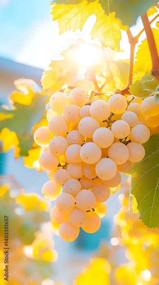 Ripe White Grapes on Vine with Sunlight.