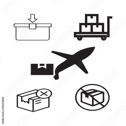 Set of 5 outline logistic and with floral transport, shipment silhouette editable vector isolated 