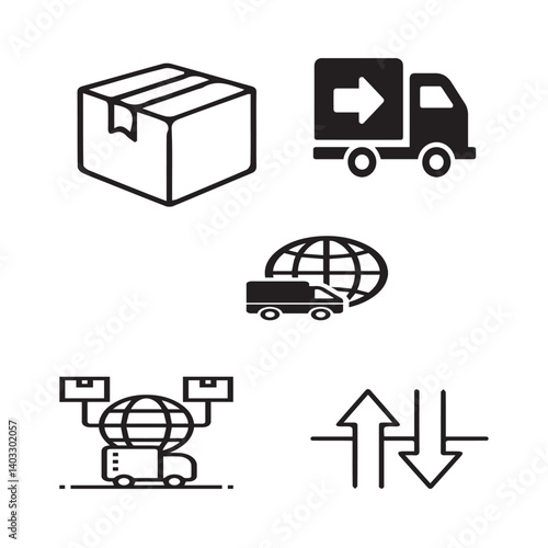 Set of 5 outline logistic and with floral transport, shipment silhouette editable vector isolated 