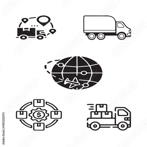 Set of 5 outline logistic and with floral transport, shipment silhouette editable vector isolated 
