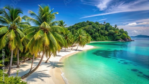 Palm trees swaying in ocean breeze amidst turquoise waters and white sandy beach of Mergui Archipelago's pristine island, beach scenery, mergui archipelago