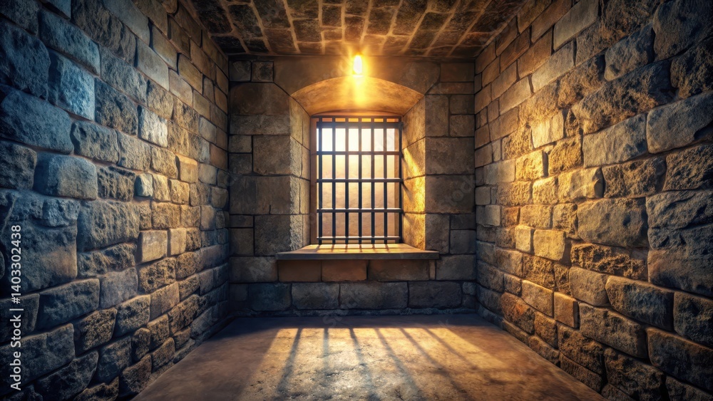 Dungeon cell with a barred window in a medieval-style prison, eerie atmosphere Dungeon cell with a barred window in a medieval-style prison, eerie atmosphere