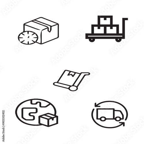 Set of 5 outline logistic and with floral transport, shipment silhouette editable vector isolated 
