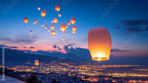 Sky Lanterns Over City Dusk