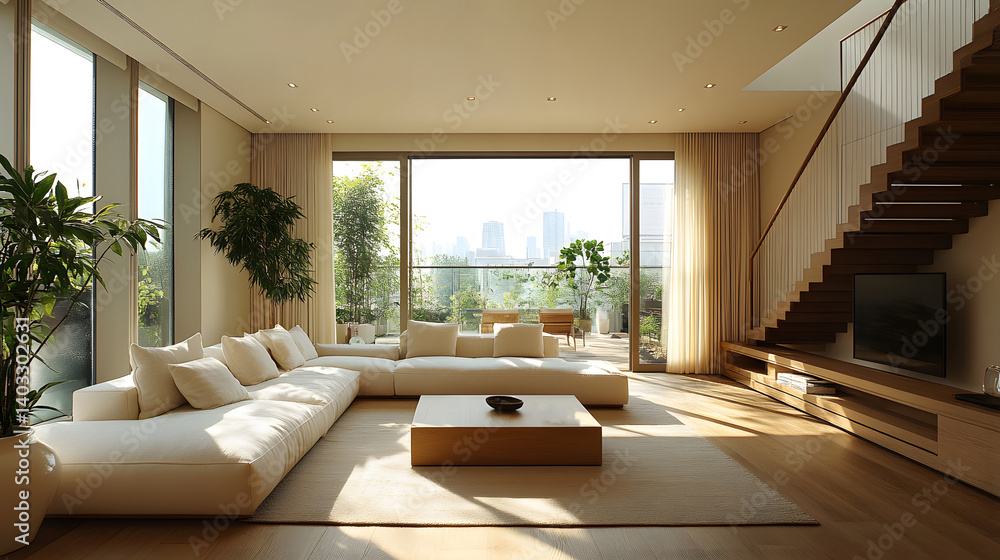 Fototapeta premium cozy tan-inspired interior, light oak furniture, soft cream furnishings,