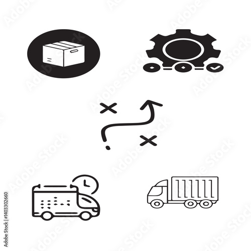 Set of 5 outline logistic and with floral transport, shipment silhouette editable vector isolated 