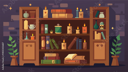A rustic wooden bookcase filled with books and accented with elegant trinkets and candles.