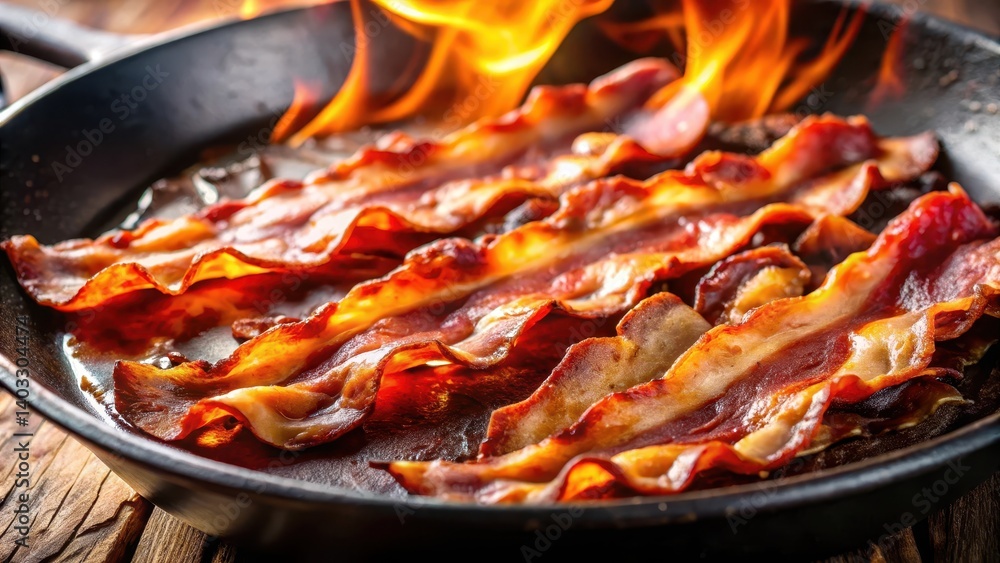 Fototapeta premium Close-up of sizzling bacon in a hot pan, appetizing, enticing, appetizing, enticing, crispy