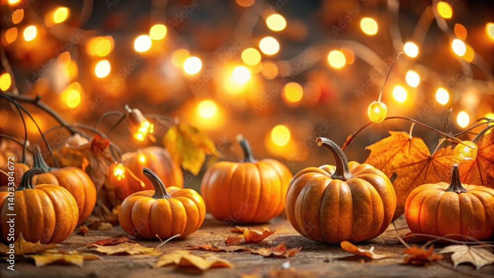 Pumpkin Patch with Orange Leaves and Twinkling String Lights, halloween, festive ambiance, halloween Pumpkin Patch with Orange Leaves and Twinkling String Lights, halloween, festive ambiance, halloween