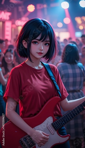 Asian Woman Playing Electric Guitar – AI Generated Illustration