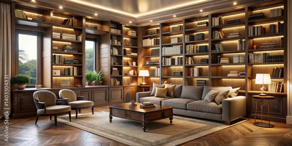 An elegant spacious home library with sleek built-in shelves and soft lighting, providing an ideal space for relaxation and intellectual pursuits, cozy reading area, modern home An elegant spacious home library with sleek built-in shelves and soft lighting, providing an ideal space for relaxation and intellectual pursuits, cozy reading area, modern home