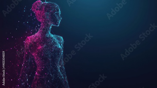 Woman, digital, art, pose, blue, background, glowing, network, design, website