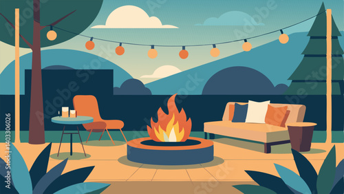 A stylish outdoor patio with a modern fire pit comfortable seating and string lights for a touch of glamour.