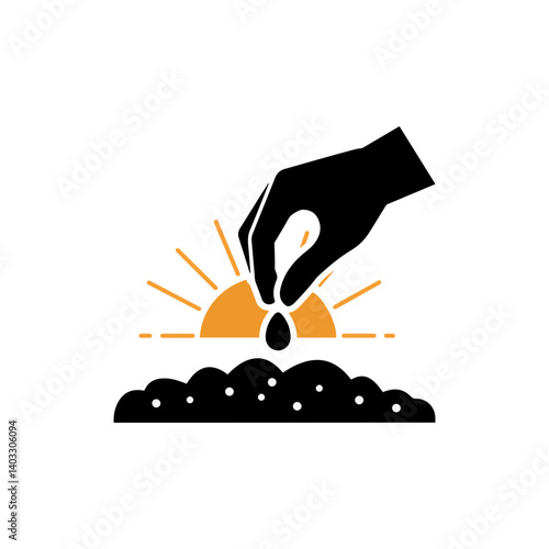 A Hand Planting a Seed in Fertile Soil with a Sunrise Behind It