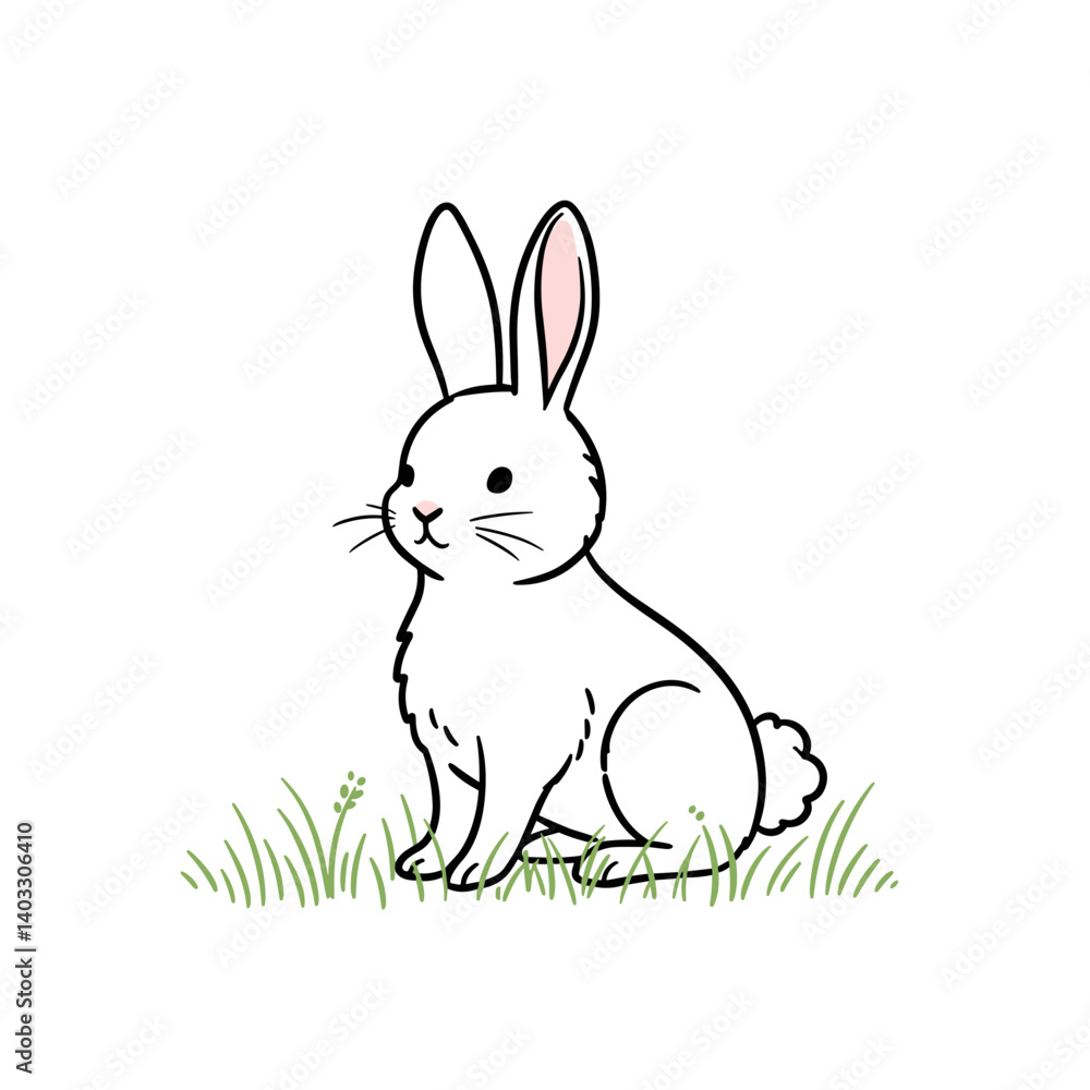 Obraz premium Cute white bunny sitting in grass for Easter celebration 