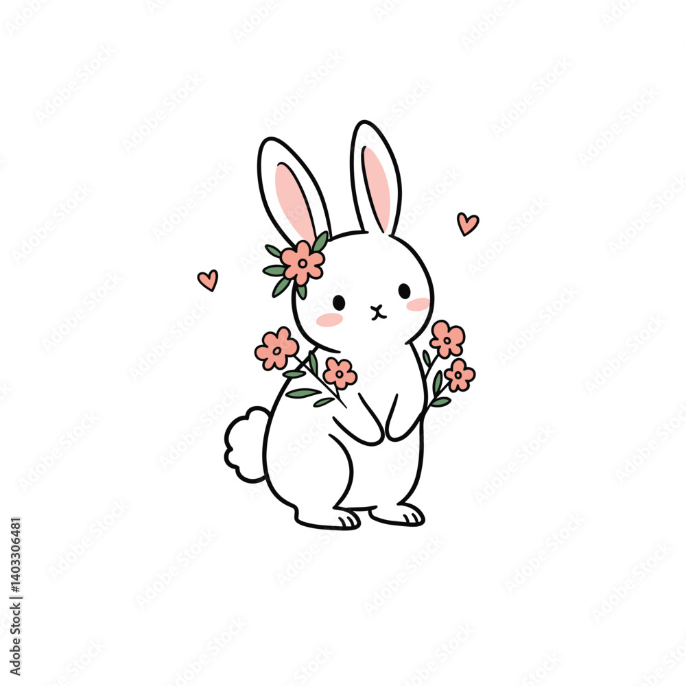 Cute bunny holding flowers with hearts in a cheerful style Cute bunny holding flowers with hearts in a cheerful style