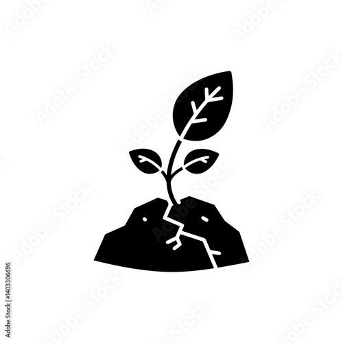 Single Leaf Growing Out of Cracked Rock - Symbolizing Resilience Icon