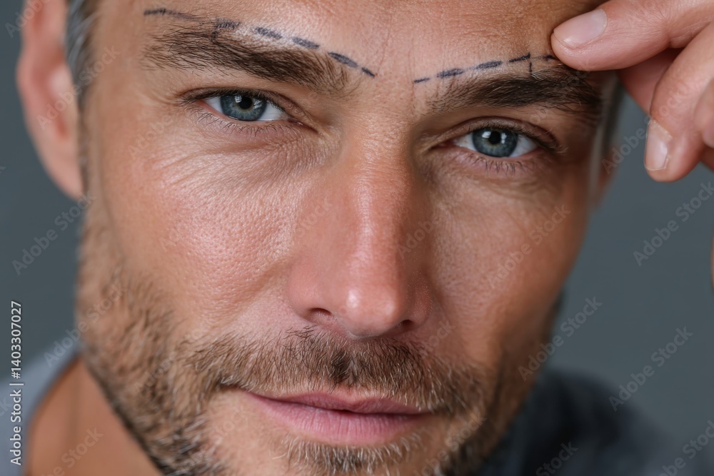 Fototapeta premium A close-up shot of a man with precise lines marked on his forehead, indicating readiness for an aesthetic enhancement procedure while he maintains a confident expression.