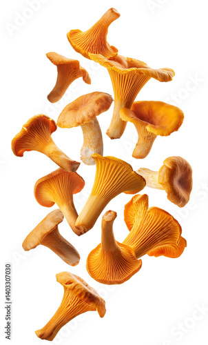 Fresh chanterelle mushrooms falling on transparent background