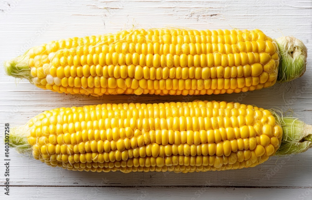 Two Ears of Fresh Yellow Corn on a White Wooden Surface