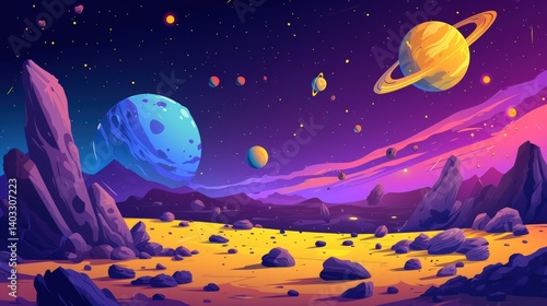 Illustration abstract outer space desert with rocks and yellow crater. Generated AI image