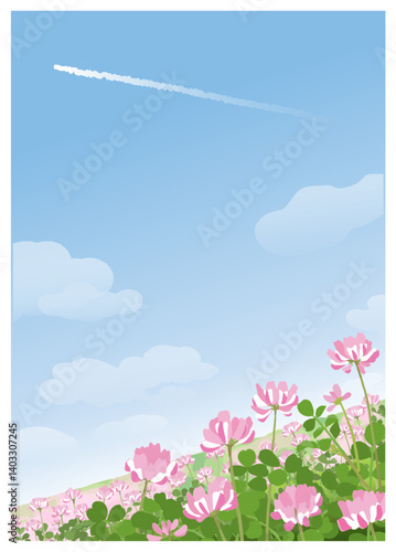 飛行機雲の青空の下に広がるれんげ畑 遠近感のある背景イラスト