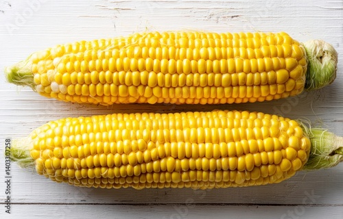 Obraz na płótnie Two Ears of Fresh Yellow Corn on a White Wooden Surface w salonie