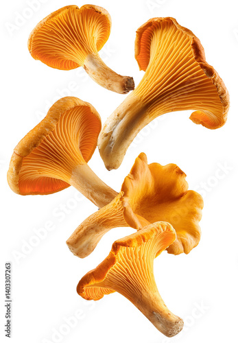 Fresh chanterelle mushrooms falling on transparent background