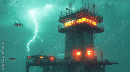 Futuristic surveillance tower amidst a stormy electrical tempest.