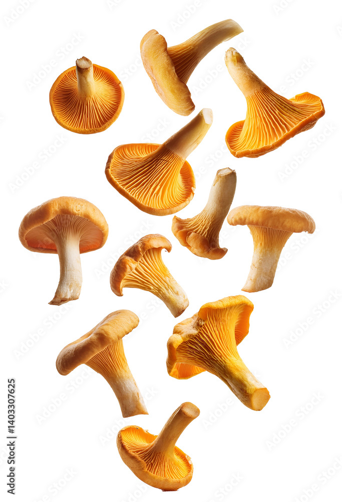 Fototapeta premium Fresh chanterelle mushrooms falling on transparent background