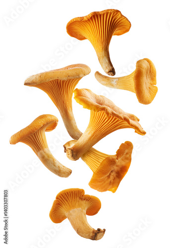 Fresh chanterelle mushrooms falling on transparent background