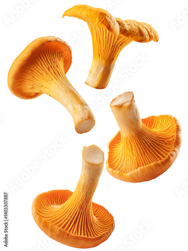 Fresh chanterelle mushrooms falling on transparent background