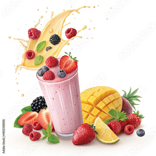  Vector mix berries smooth fruit with liquid plashing of tropical fruits isolated