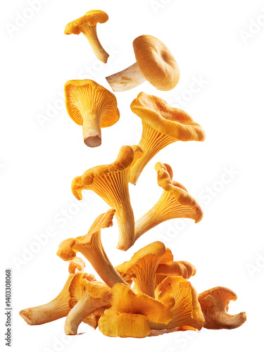 Fresh chanterelle mushrooms falling on transparent background