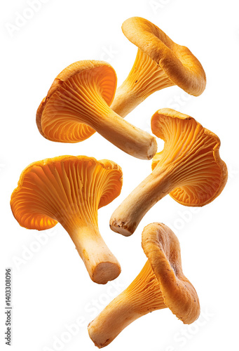 Fresh chanterelle mushrooms falling on transparent background