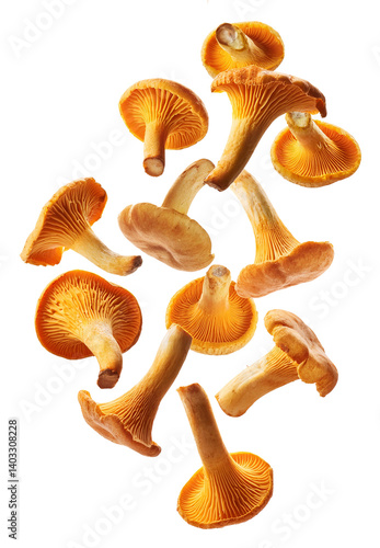 Fresh chanterelle mushrooms falling on transparent background