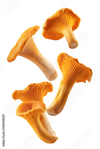 Fresh chanterelle mushrooms falling on transparent background
