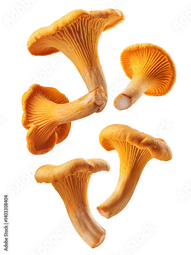 Fresh chanterelle mushrooms falling on transparent background