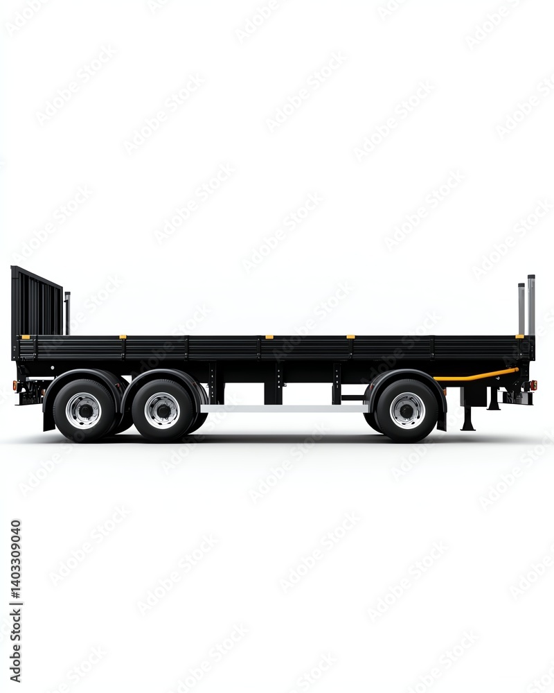a side view of haulage trailer clipart, vehicle profile, flat technical layout, isolated on white background
