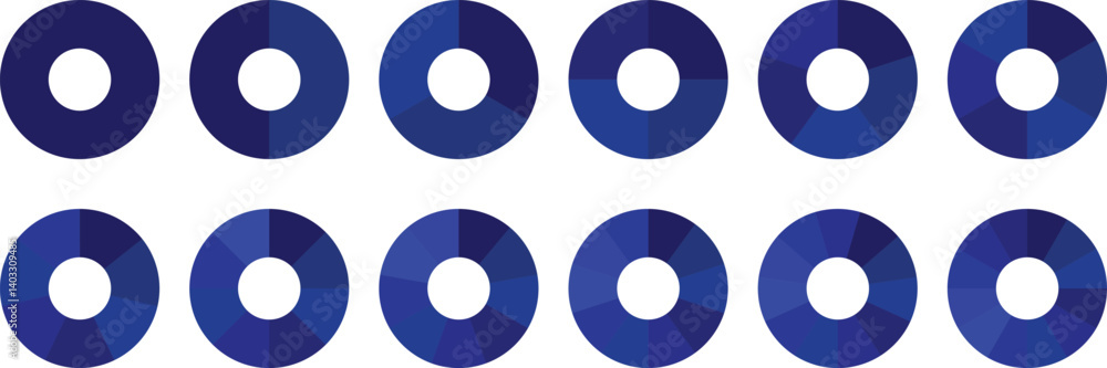 Pie chart set, segmented circle icons, circle diagram. Pie chart divided 1,2,3,4,5,6 equal parts. Color pizza or donut round diagram. Infographic wheel segment or sections parts. Vector illustration Pie chart set, segmented circle icons, circle diagram. Pie chart divided 1,2,3,4,5,6 equal parts. Color pizza or donut round diagram. Infographic wheel segment or sections parts. Vector illustration