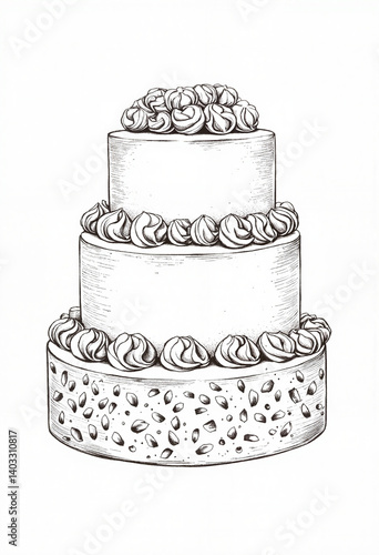 Elegant black and white cake sketch with buttercream ruffles, vintage art