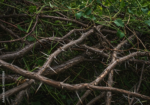 Thorny Branches and Greenery Background Featuring Sharp Prickly Spikes