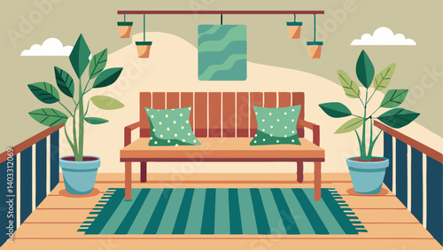 A small balcony with a wooden bench a patterned outdoor rug and hanging planters filled with trailing greenery.