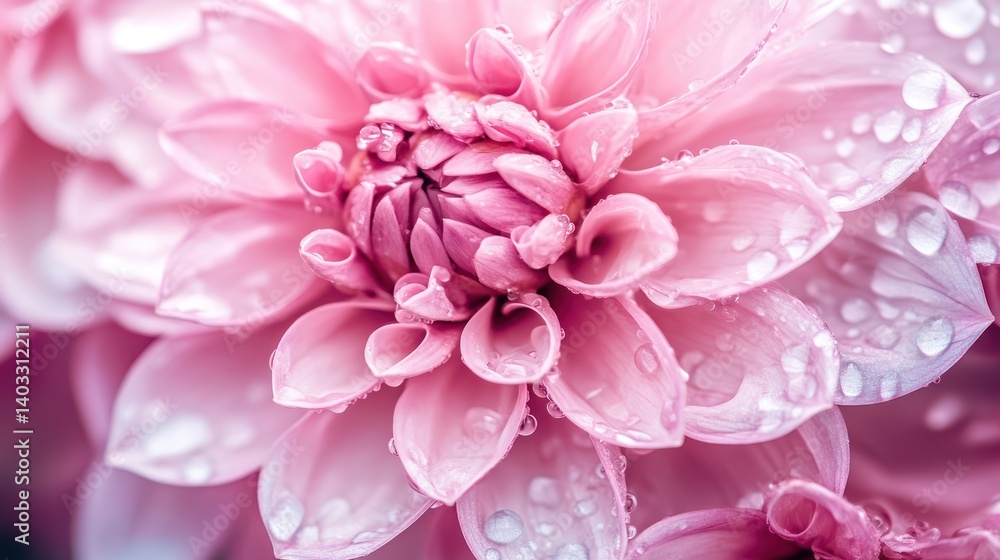 Dew-kissed pink dahlia close-up, garden backdrop, floral design Dew-kissed pink dahlia close-up, garden backdrop, floral design