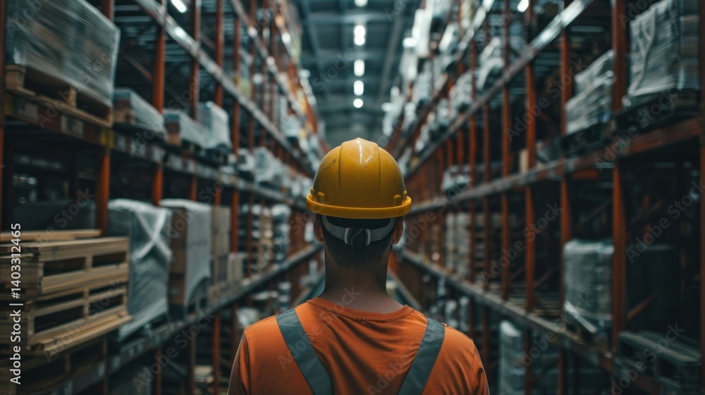 A man in a safety vest stands in a warehouse. He is wearing a hard hat and is looking up A man in a safety vest stands in a warehouse. He is wearing a hard hat and is looking up